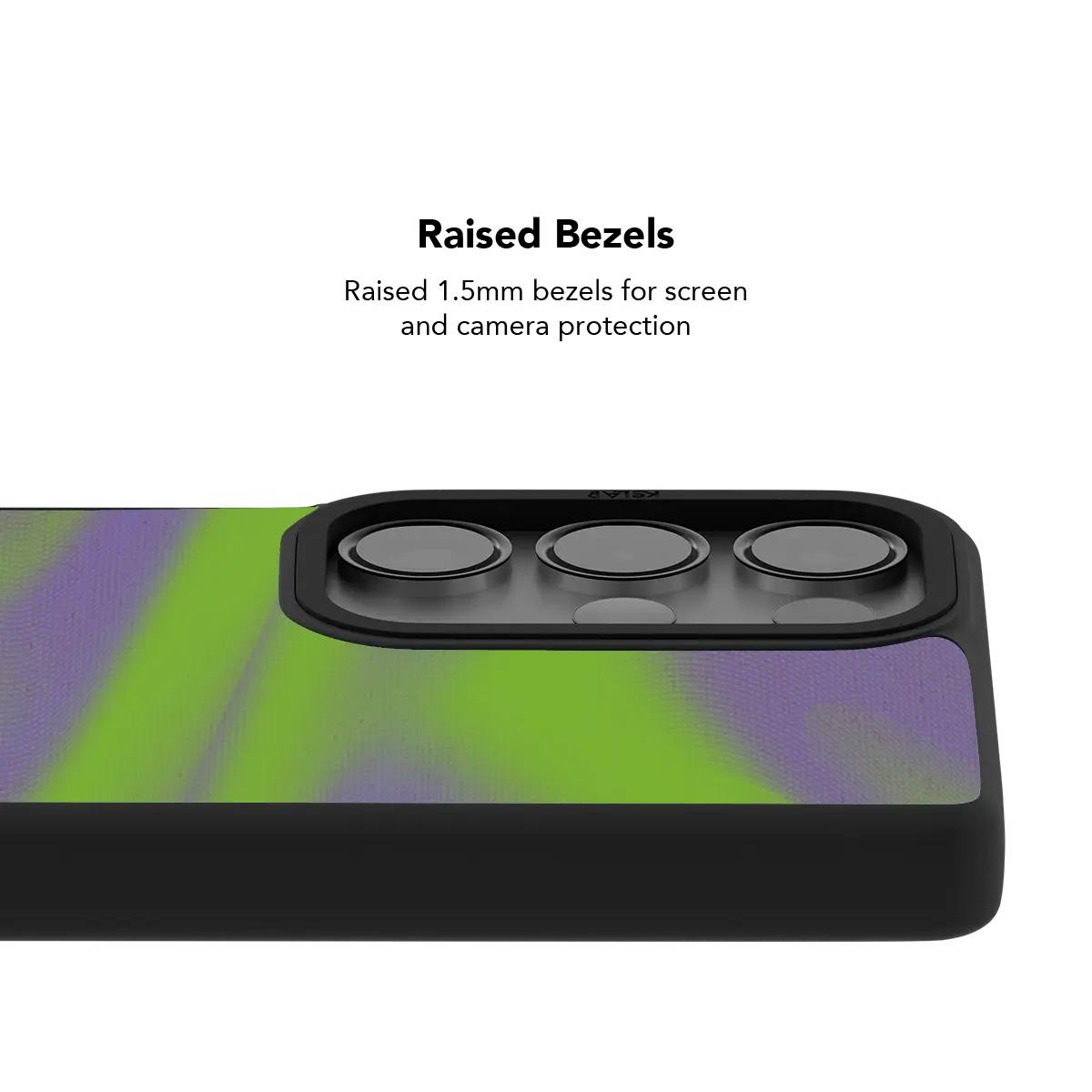Raised bezel on the neon green Y2K Galaxy case lifting the camera lenses clear of a flat surface