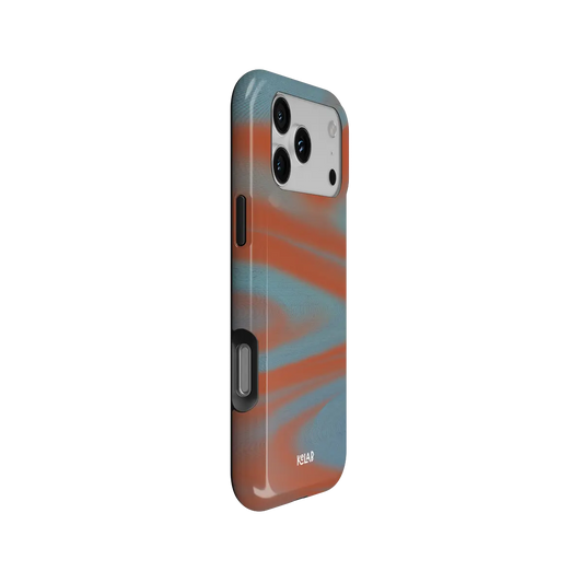 Y2K Orange Abstract Wave iPhone Case, side angle view showing precise button cutouts and wraparound edge