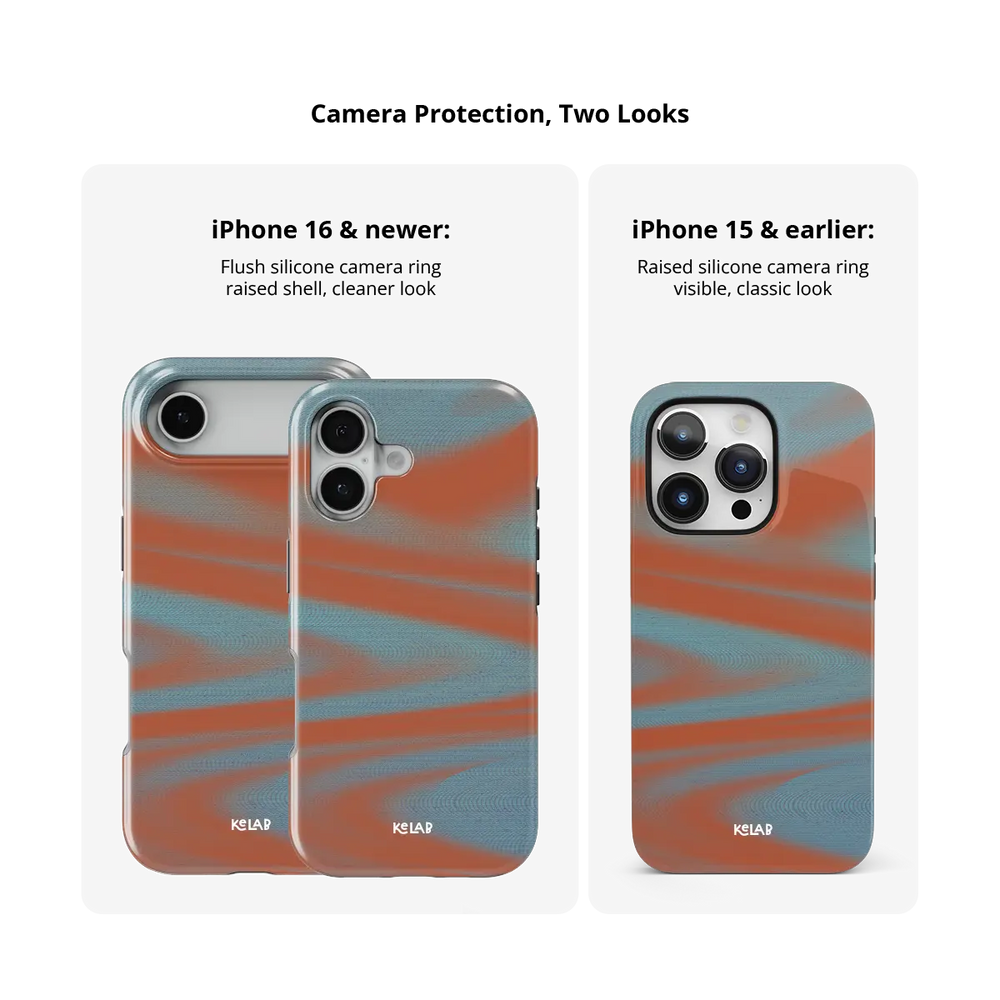 Y2K Orange Abstract Wave iPhone Case, camera protection and iPhone model size comparison