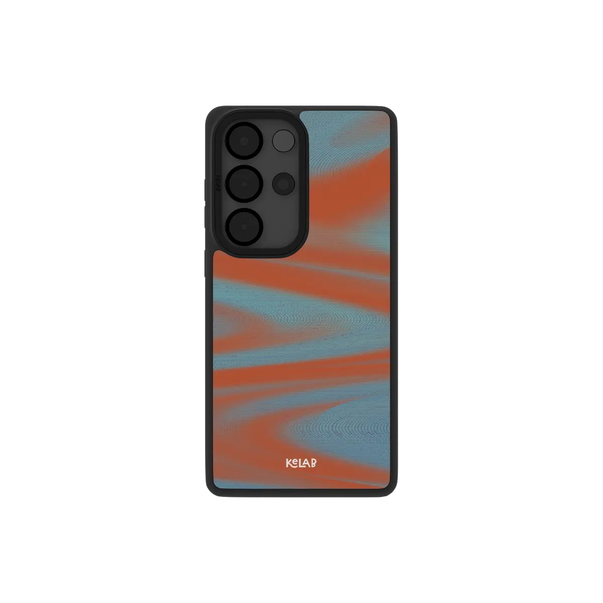 Orange Y2K Samsung Galaxy case, back view with abstract orange and blue waves around the camera cutout