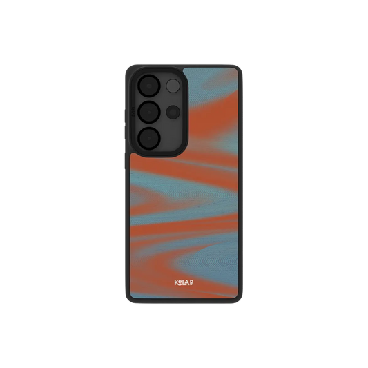 Orange Y2K Samsung Galaxy case, back view with abstract orange and blue waves around the camera cutout