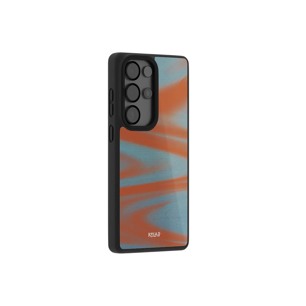 Orange Y2K wave Samsung Galaxy case at a side angle showing the wrapped button covers