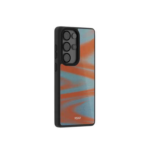 Orange Y2K wave Samsung Galaxy case at a side angle showing the wrapped button covers