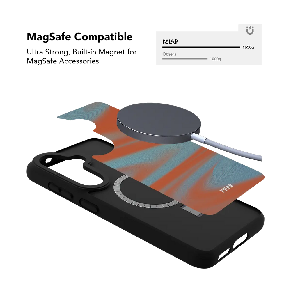 Orange Y2K wave Samsung Galaxy case holding a magnetic wireless charger through the built in ring