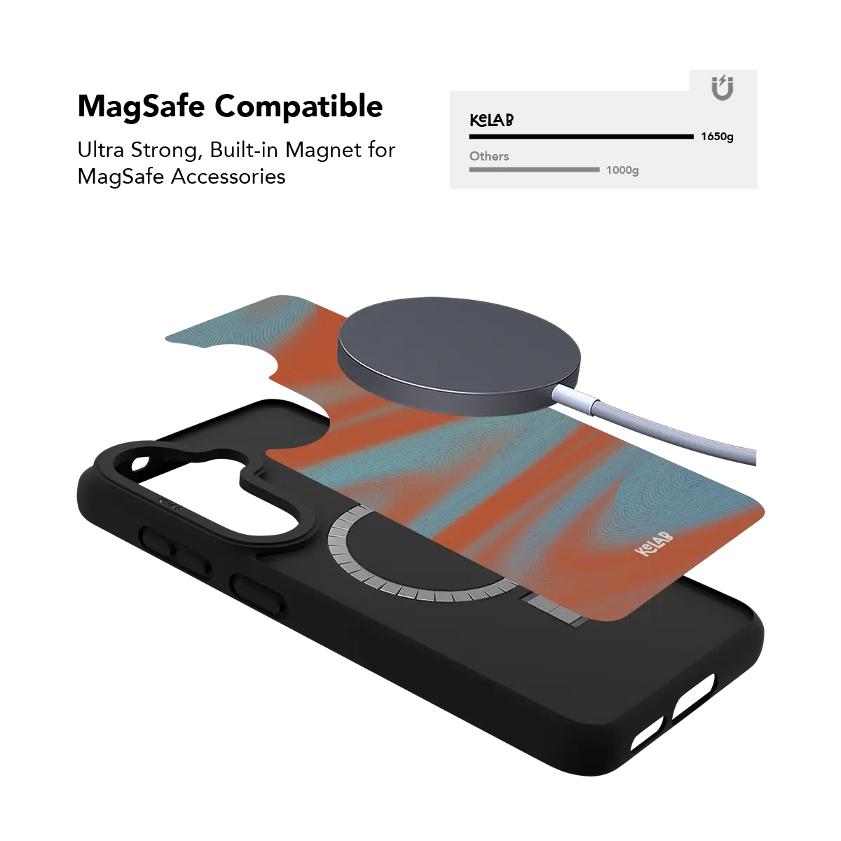 Orange Y2K wave Samsung Galaxy case holding a magnetic wireless charger through the built in ring