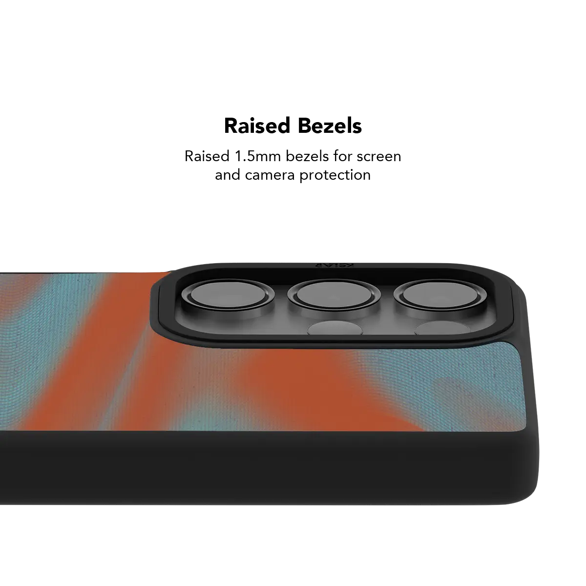 Raised bezel on the orange Y2K Galaxy case lifting the camera lenses clear of a flat surface