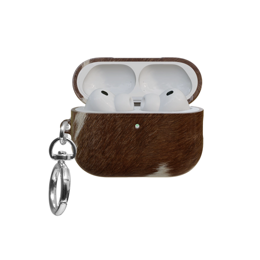 Brown & White Cow Print airpods pro case front view with open lid and keychain