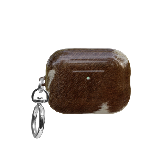 Brown & White Cow Print airpods pro case front view with closed lid and keychain