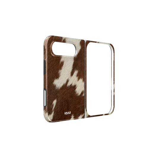 Brown & White Cow Print, Western iPhone 18 Fold Case, unfolded side view showing the hinge