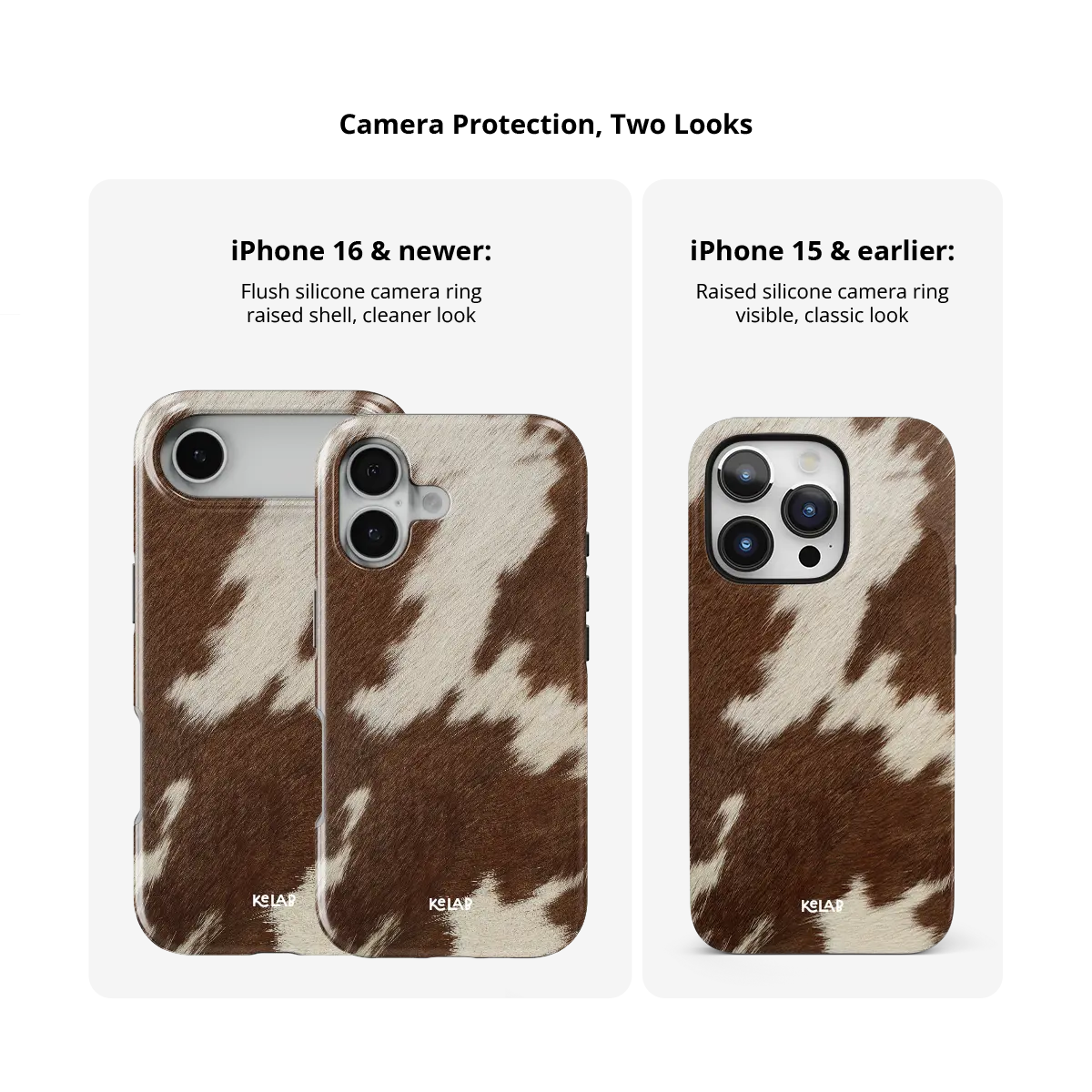 KELAB iphone case with cow print animal pattern on a smooth brown polycarbonate shell