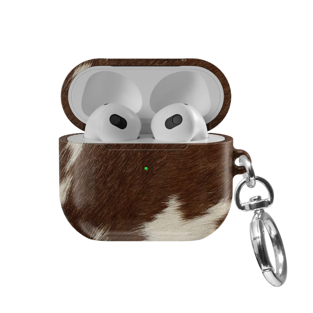 Rodeo Drive brown and white cow print AirPods case, front view with open lid