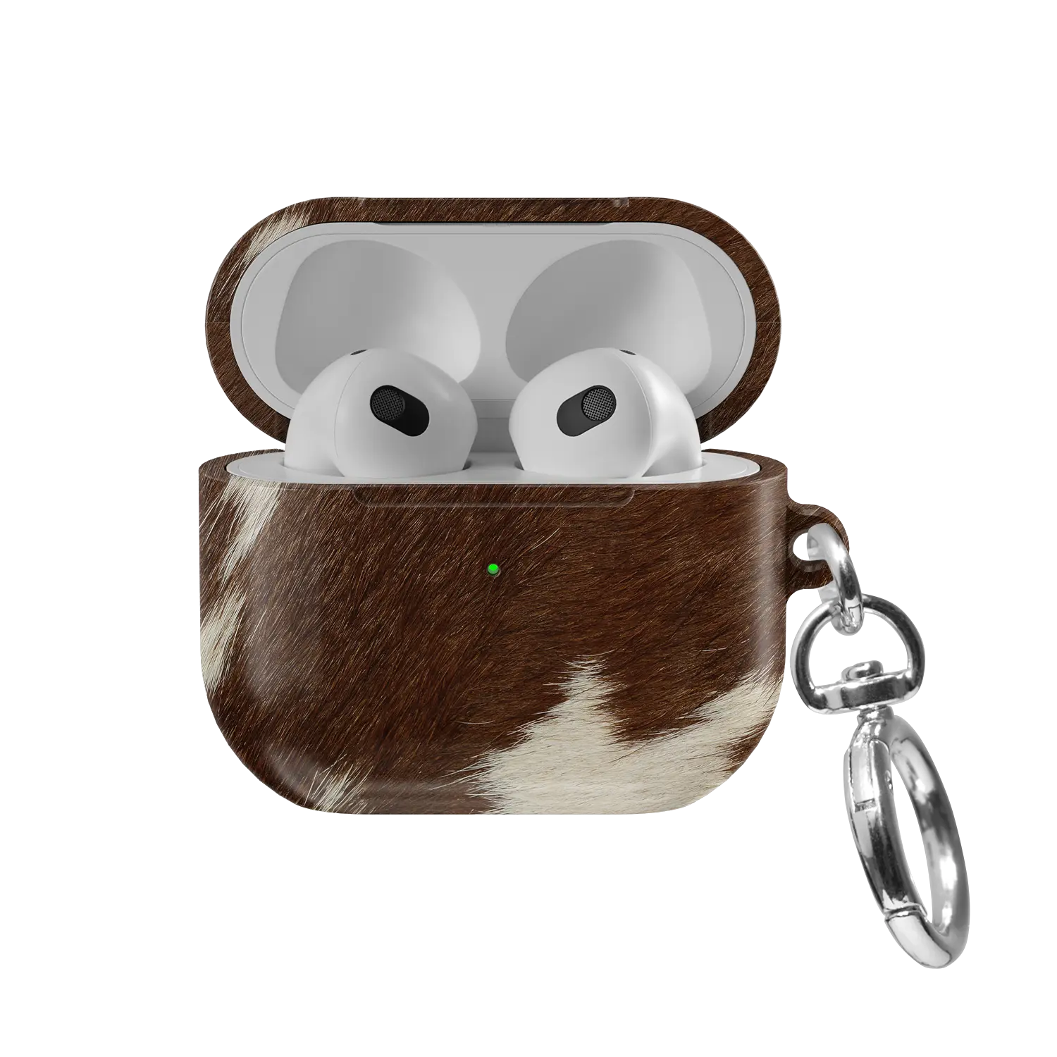 Rodeo Drive brown and white cow print AirPods case, front view with open lid