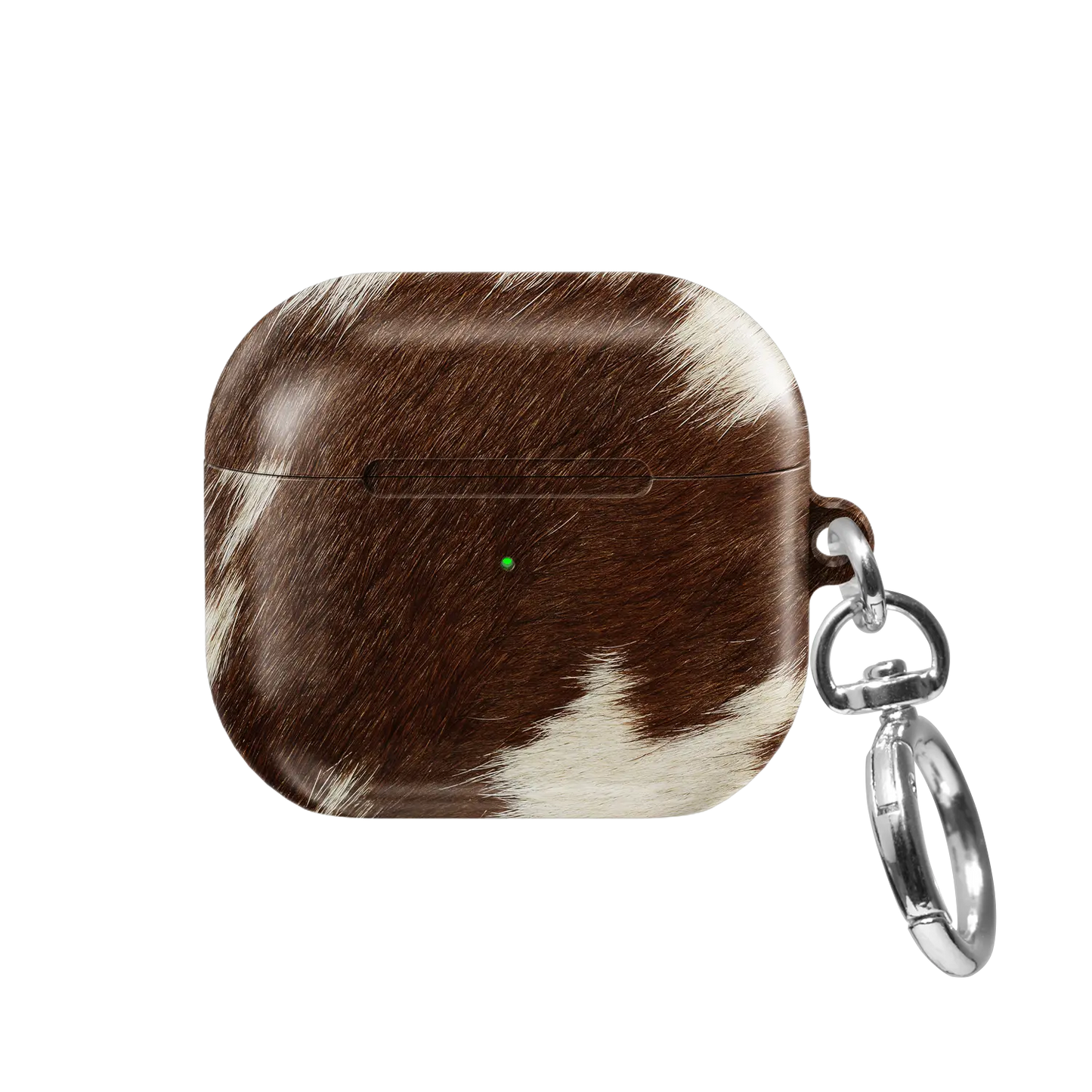 Rodeo Drive brown and white cow print AirPods case, front side view