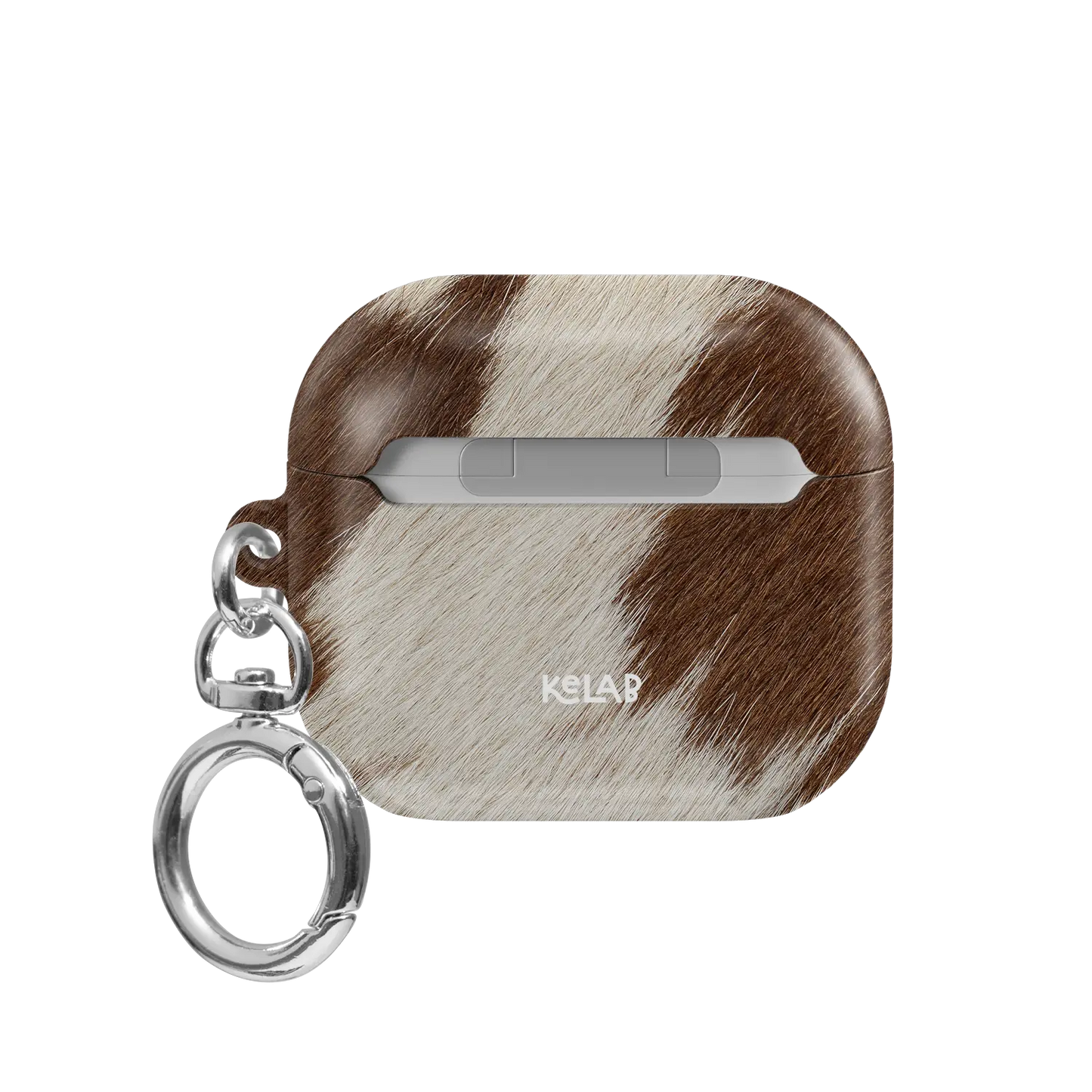 Rodeo Drive brown and white cow print AirPods case, back view