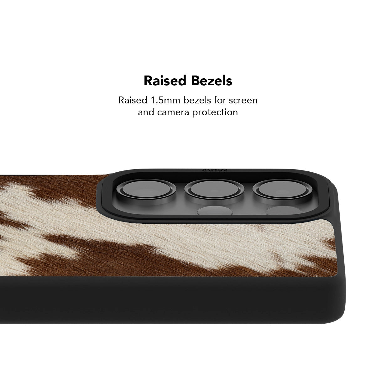 Samsung Galaxy phone case in brown and white animal print with raised bezels for screen protection