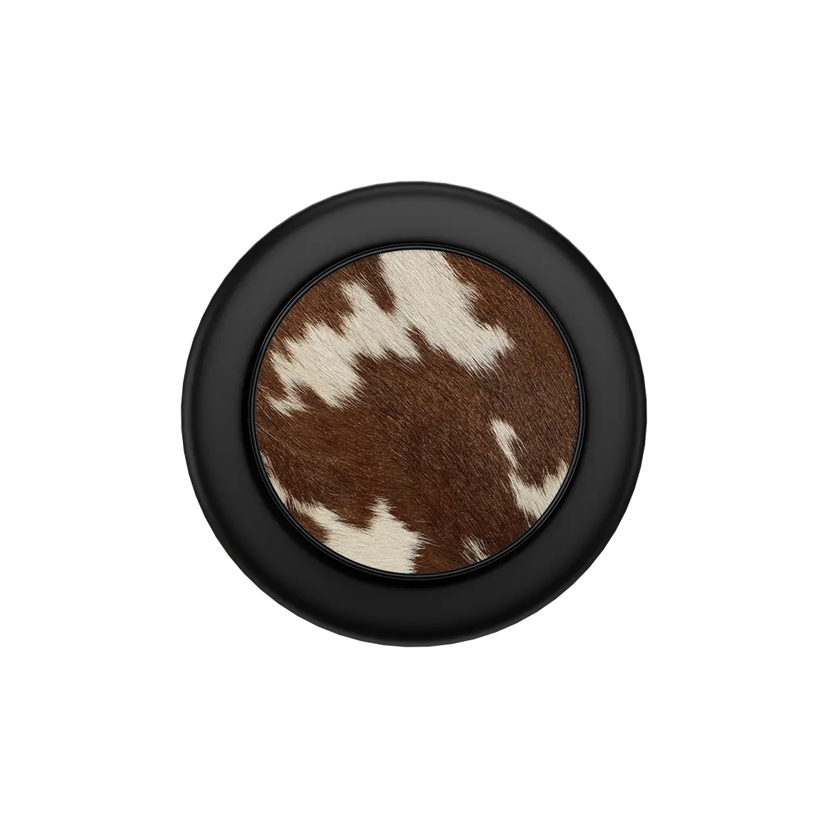 Round MagSafe phone grip with brown and white cow print center and black outer ring, built-in strong magnets.