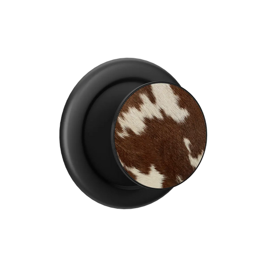 Brown cow print pop grip with black base featuring built-in strong magnets for MagSafe phone grip.