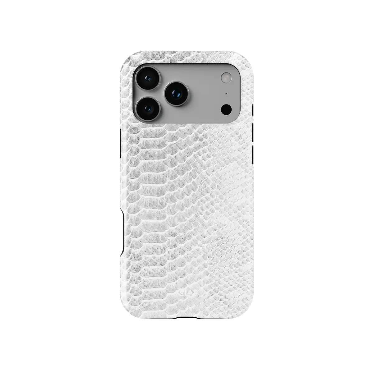 White Venom white snakeskin iPhone case, front view showing the pearlescent scale print.