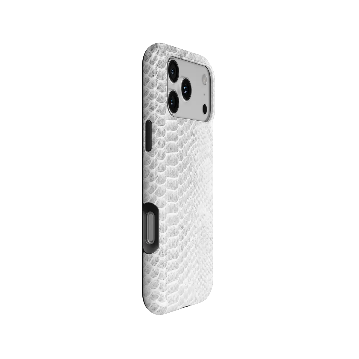 White Venom snakeskin iPhone case, side view showing the pattern wrapped around the shell.