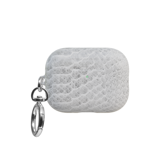 White Snake Skin Print airpods pro case front view with closed lid and keychain