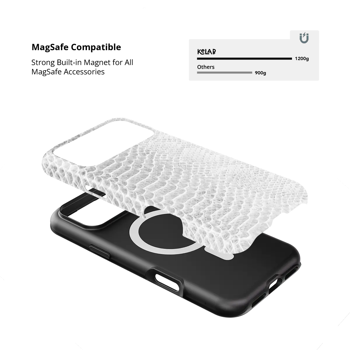 White Venom snakeskin iPhone case with built-in strong MagSafe magnets.