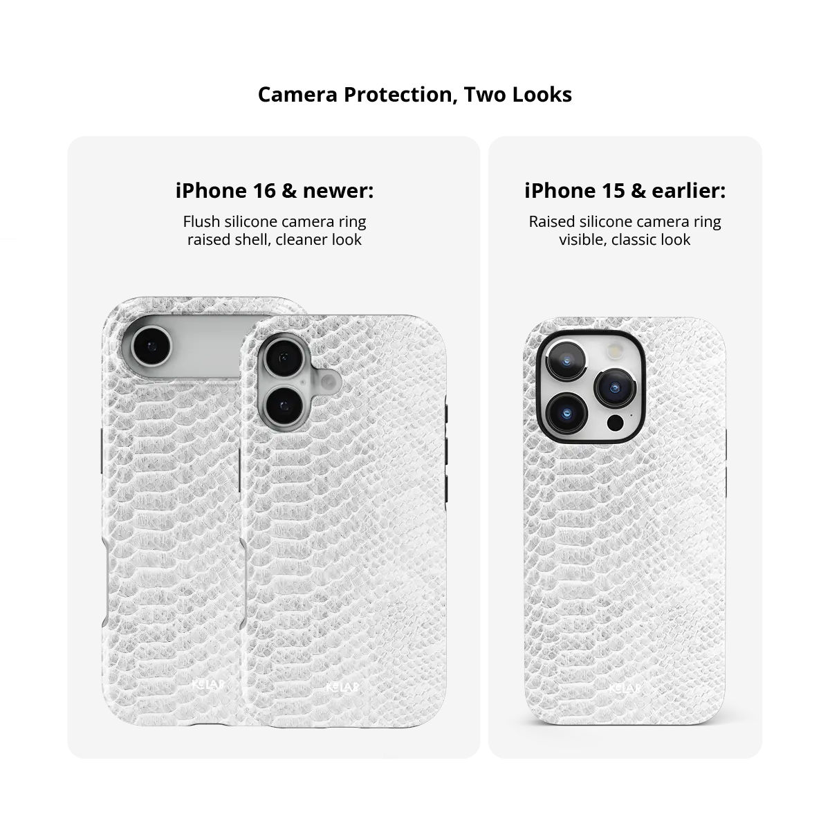 White Venom snakeskin iPhone case size comparison across iPhone 15 to 18 models.