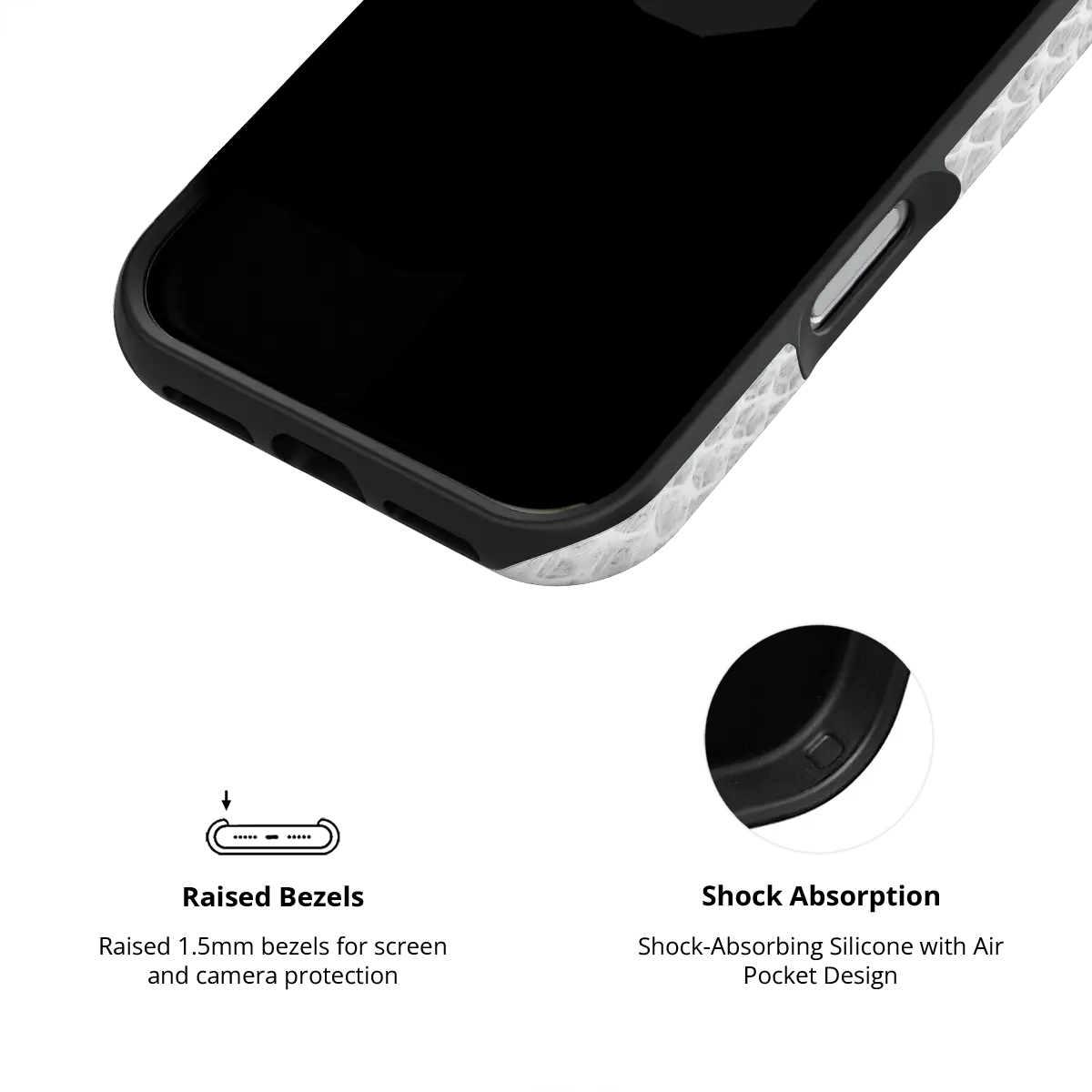 White Venom snakeskin iPhone case inner view showing shock-absorbing drop protection.