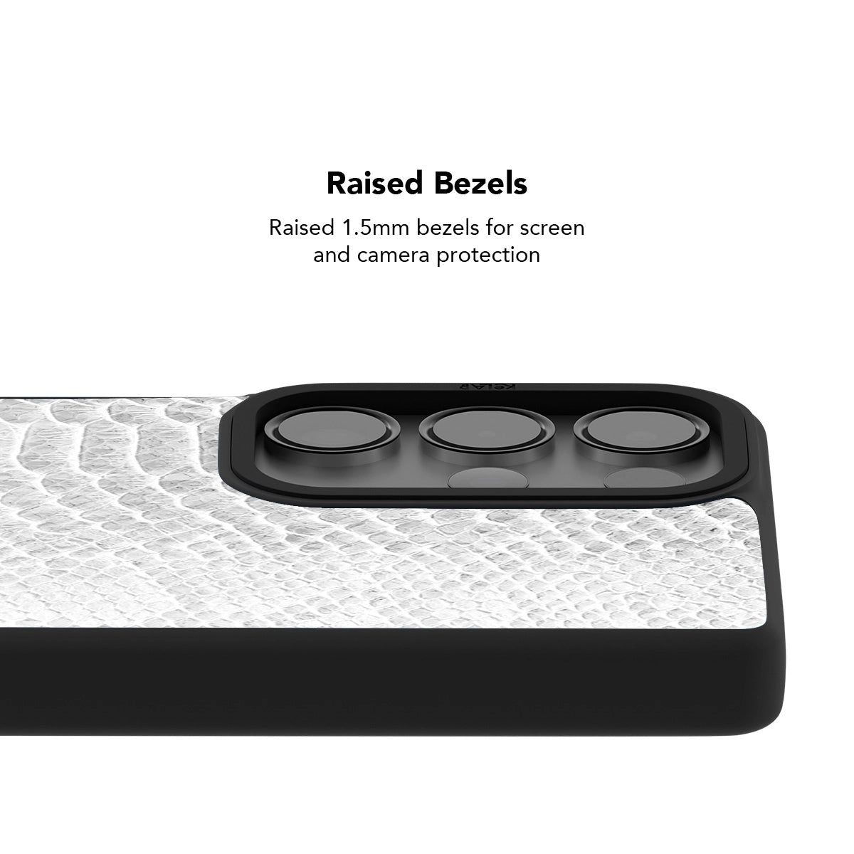 Minimalist Samsung Galaxy phone case in white with snake skin pattern and raised bezels for protection