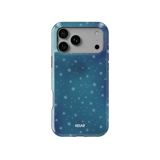 Moon Mist starry midnight blue Tough iPhone case, front view showing the pattern.