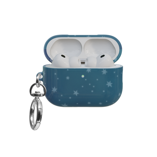 Starry Blue Celestial airpods pro case front view with open lid and keychain