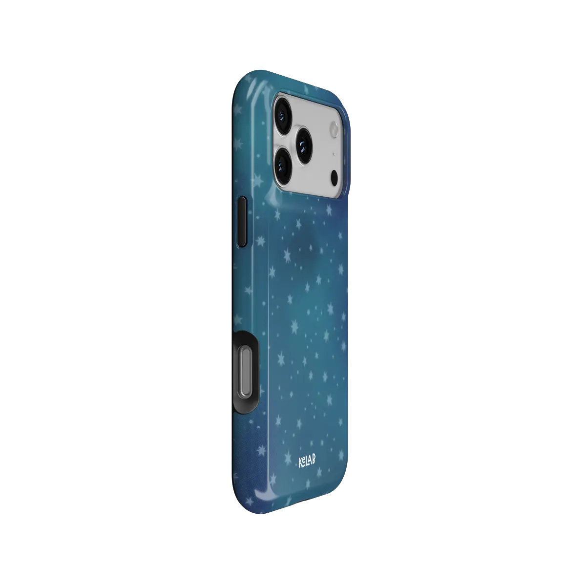 Moon Mist starry midnight blue Tough iPhone case, side view showing the pattern wrapped around the shell.