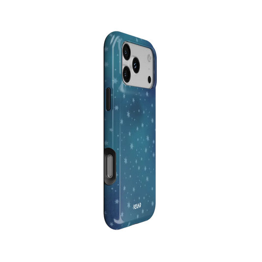 Moon Mist starry midnight blue Tough iPhone case, side view showing the pattern wrapped around the shell.