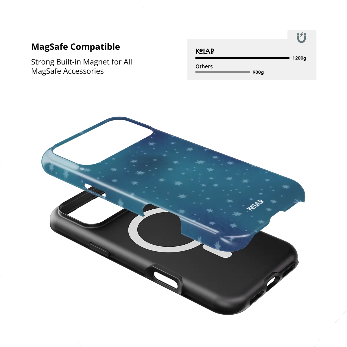 Moon Mist starry midnight blue Tough iPhone case with built-in strong MagSafe magnets.