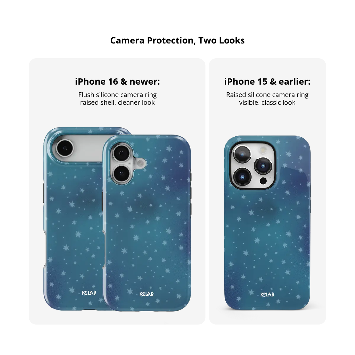Moon Mist starry midnight blue Tough iPhone case size comparison across iPhone 15 to 18 models.