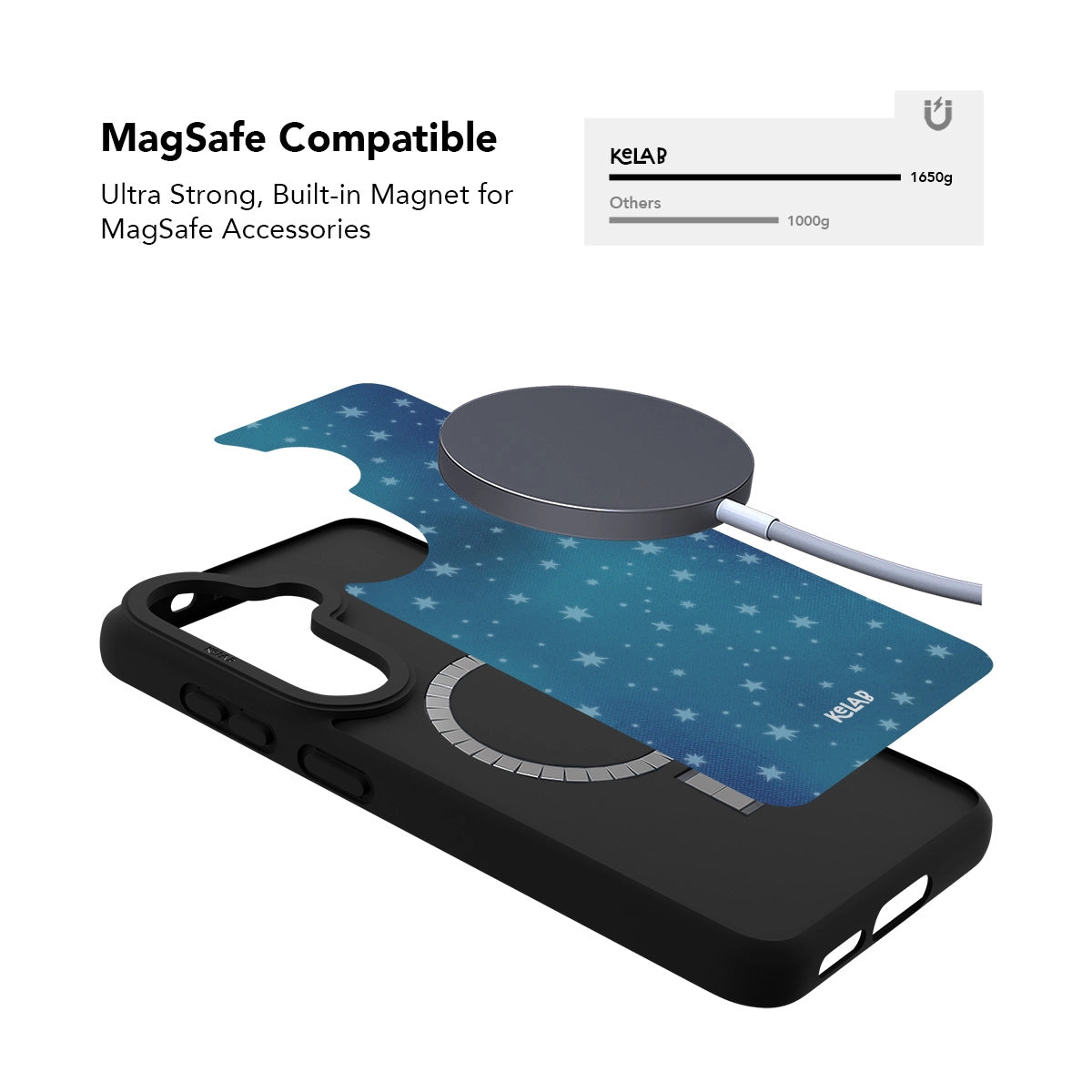 Samsung Galaxy phone case in black with a minimalist blue star pattern and MagSafe compatibility