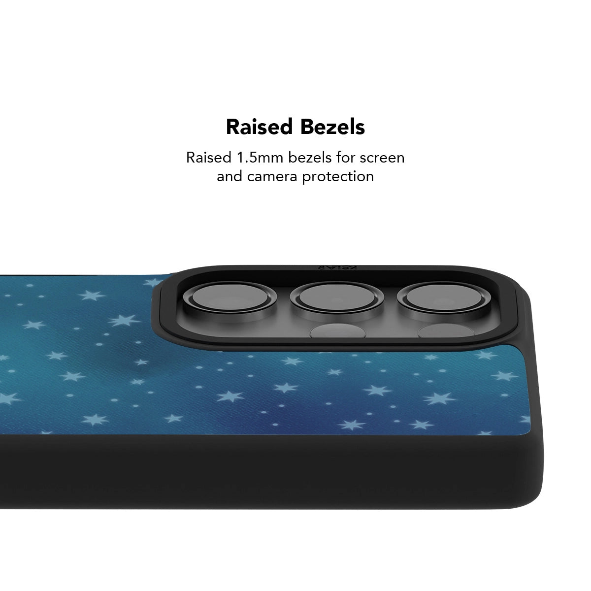 Samsung Galaxy phone case in navy with a classic polka dot pattern and raised bezels for protection