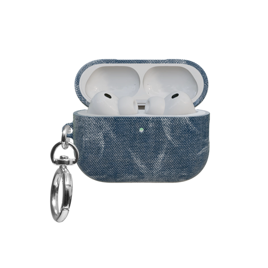 Blue Patterned airpods pro case front view with open lid and keychain