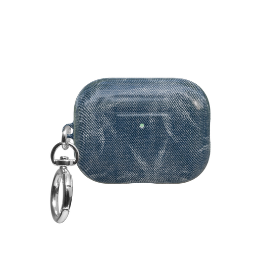 Blue Patterned airpods pro case front view with closed lid and keychain