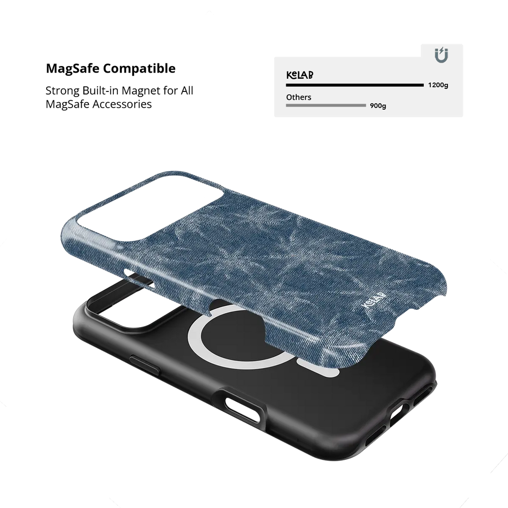 Denim Tree blue patterned Tough iPhone case with built-in strong MagSafe magnets.