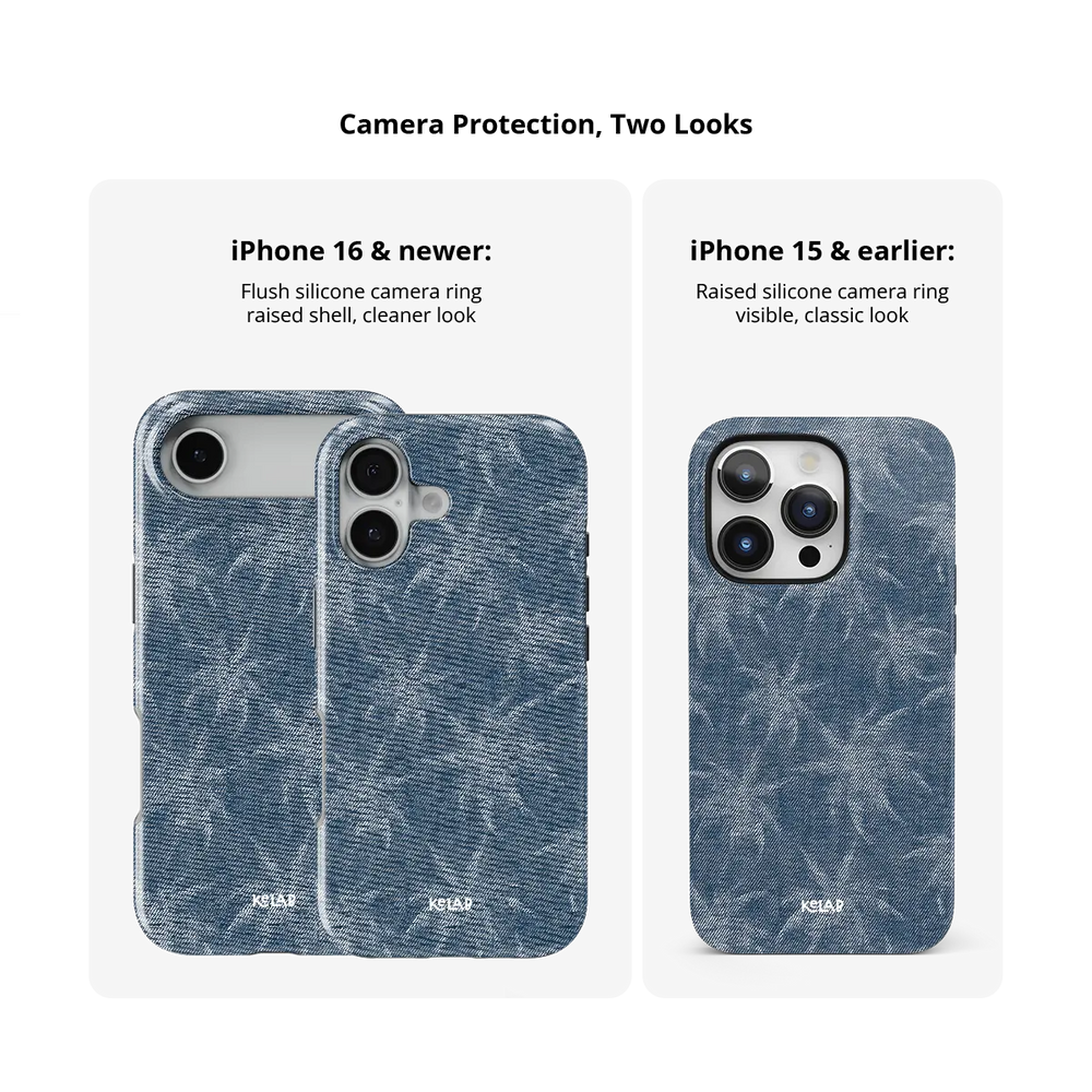 Denim Tree blue patterned Tough iPhone case size comparison across iPhone 15 to 18 models.