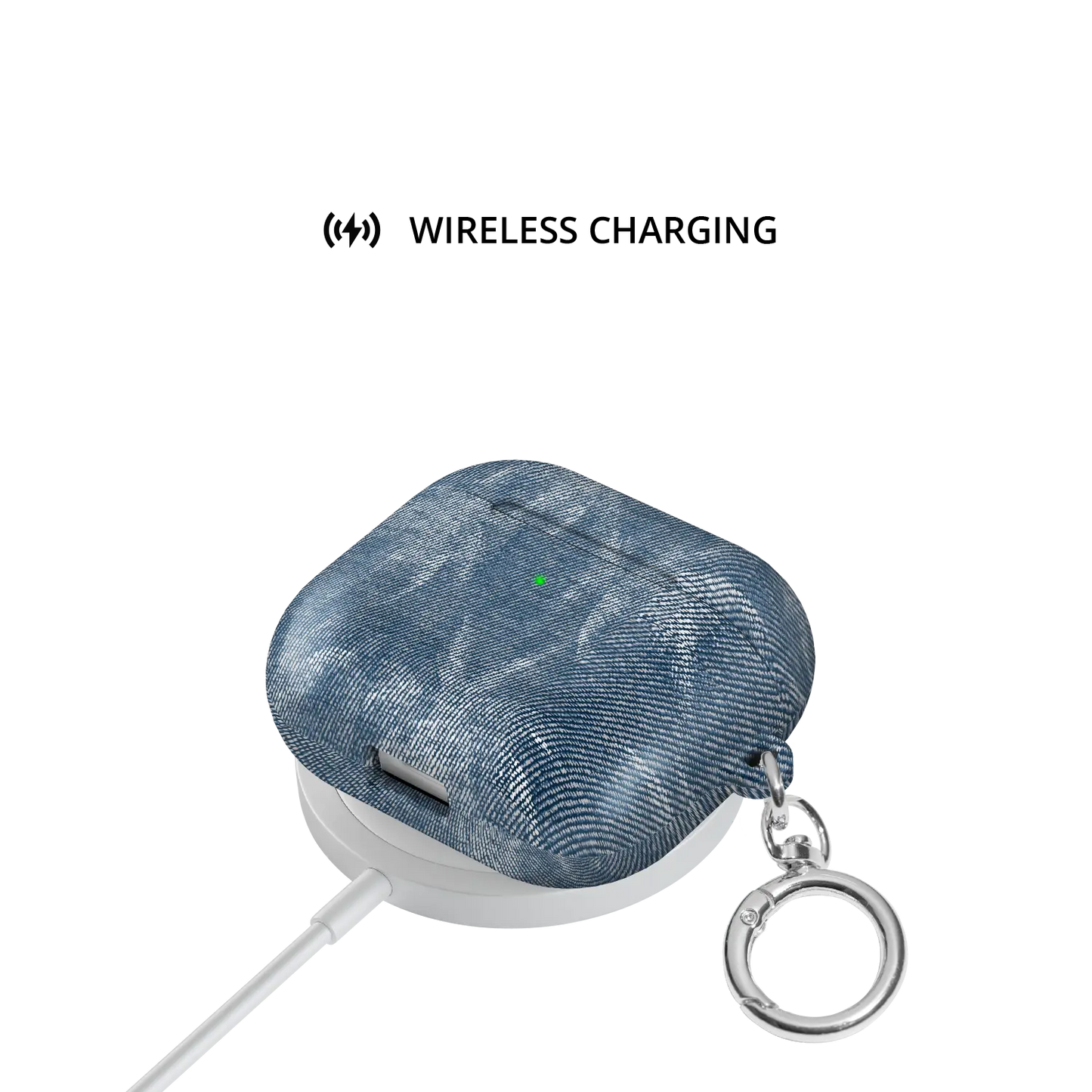 Denim Tree | Blue Patterned AirPods Case - shown on wireless charger