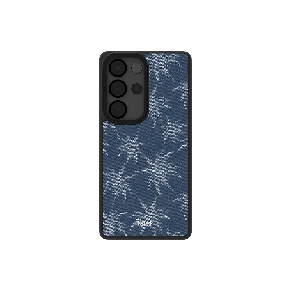 Blue denim Samsung Galaxy case, back view with jean twill and abstract tree pattern around the camera cutout