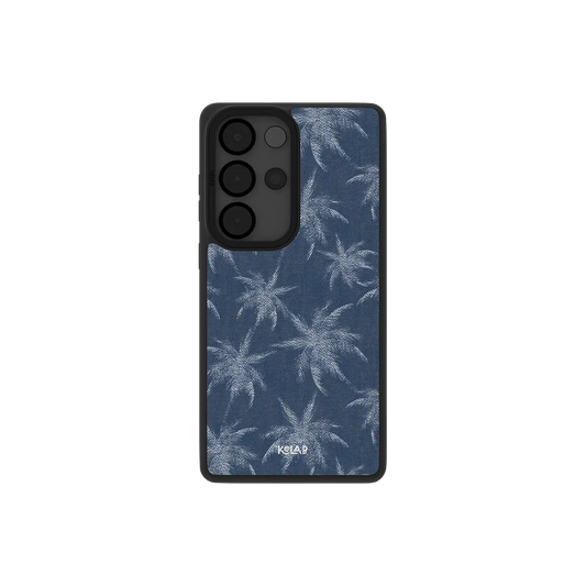 Blue denim Samsung Galaxy case, back view with jean twill and abstract tree pattern around the camera cutout