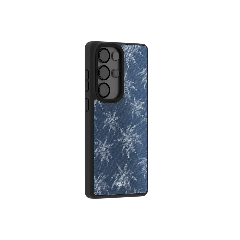 Blue denim Samsung Galaxy case at a side angle showing the wrapped button covers