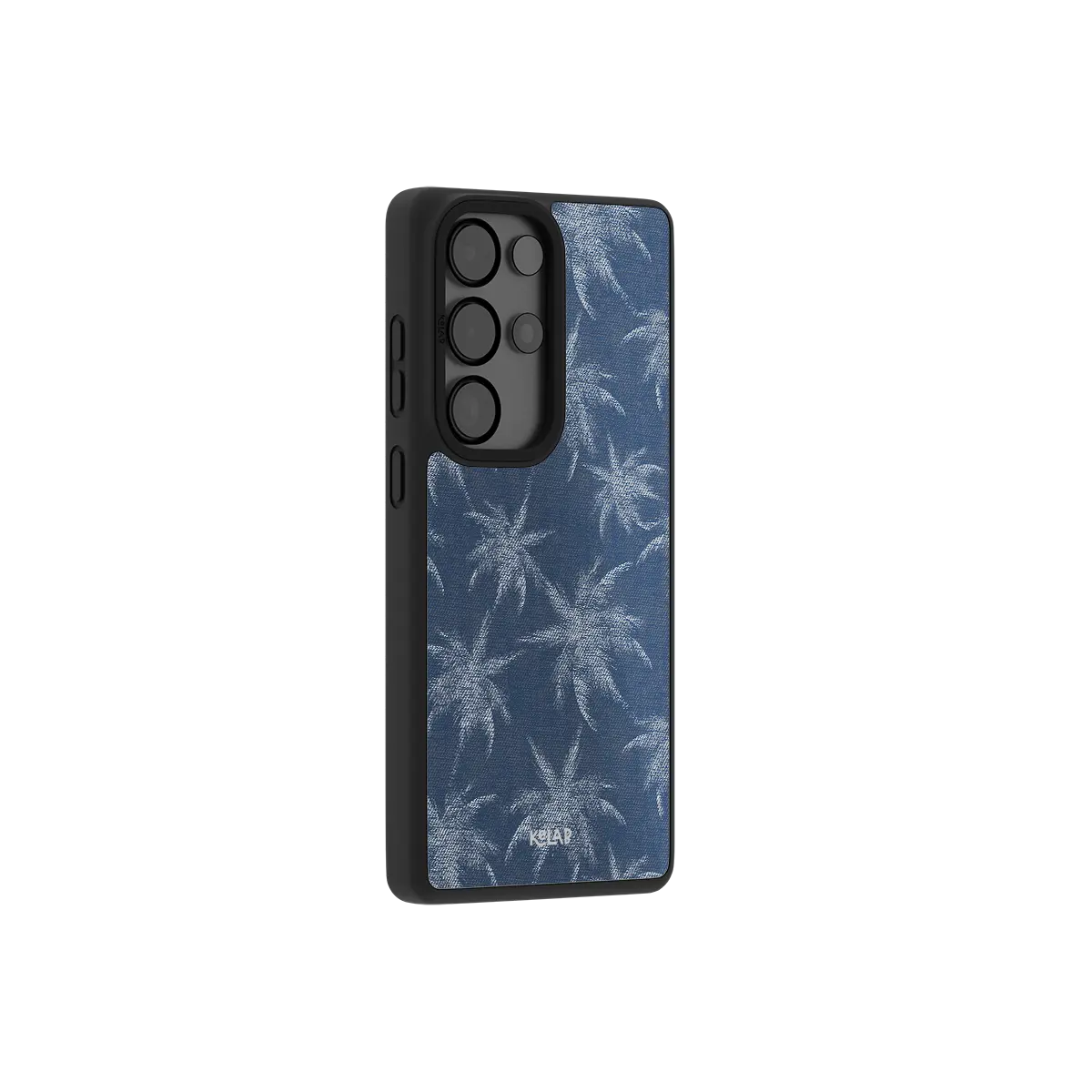 Blue denim Samsung Galaxy case at a side angle showing the wrapped button covers