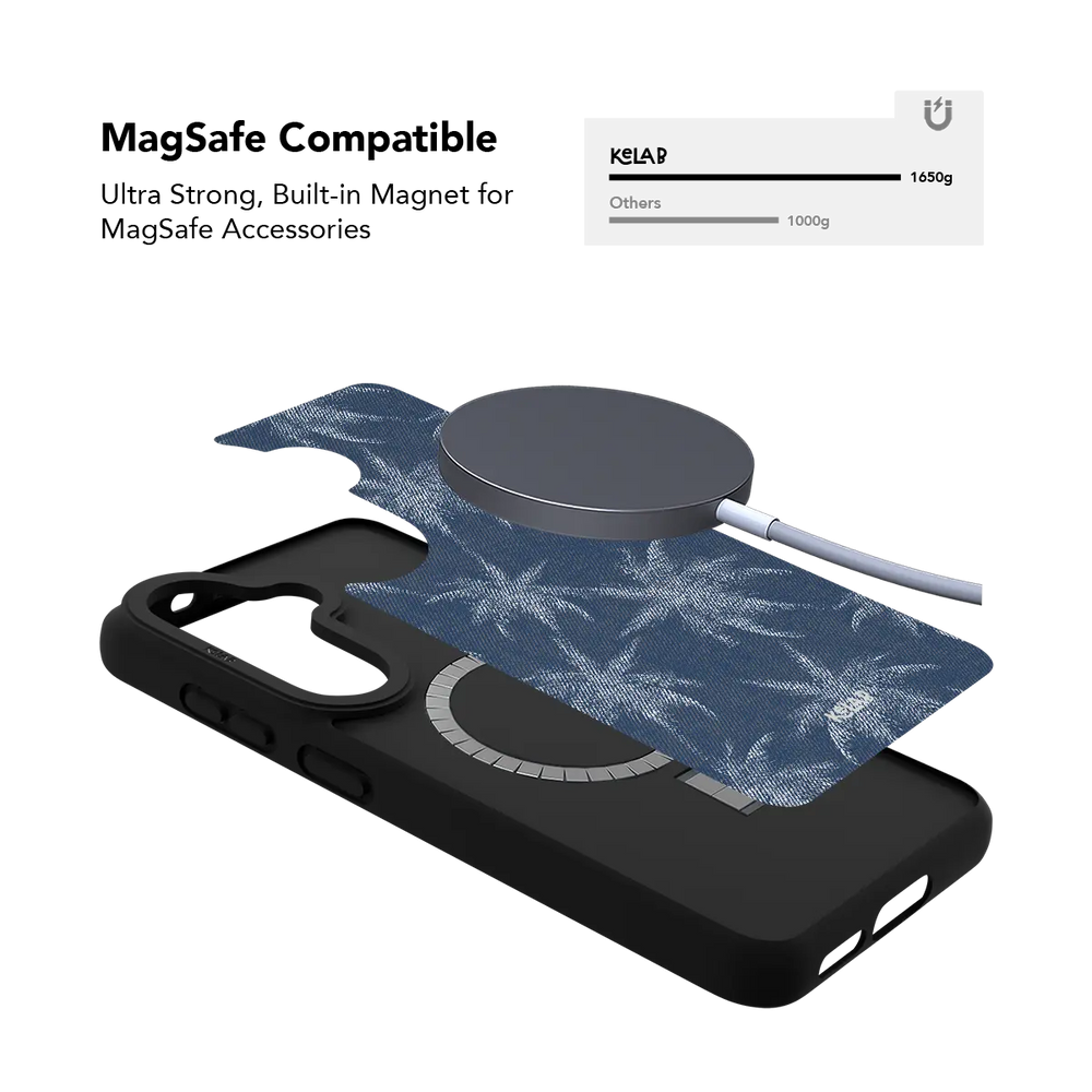 Blue denim Samsung Galaxy case holding a magnetic wireless charger through the built in ring