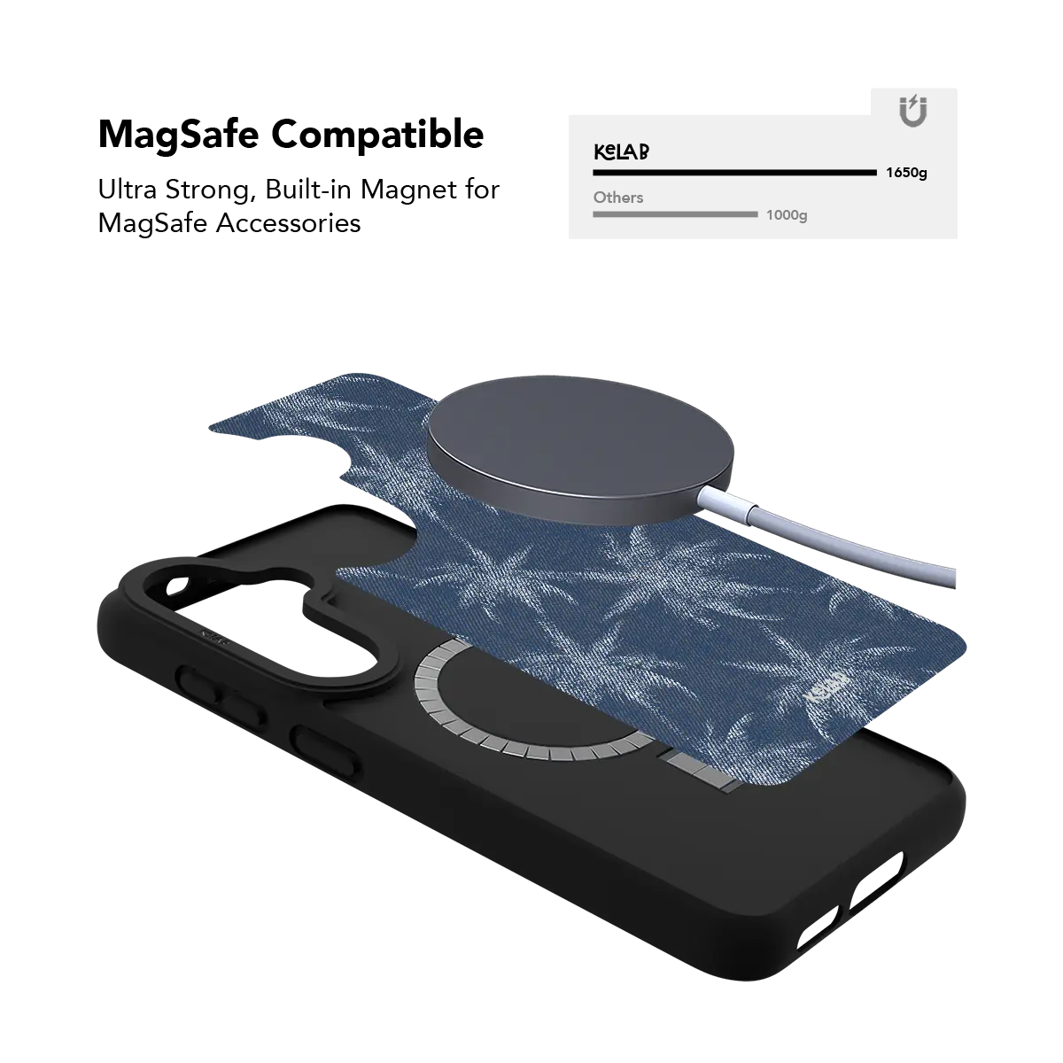 Blue denim Samsung Galaxy case holding a magnetic wireless charger through the built in ring
