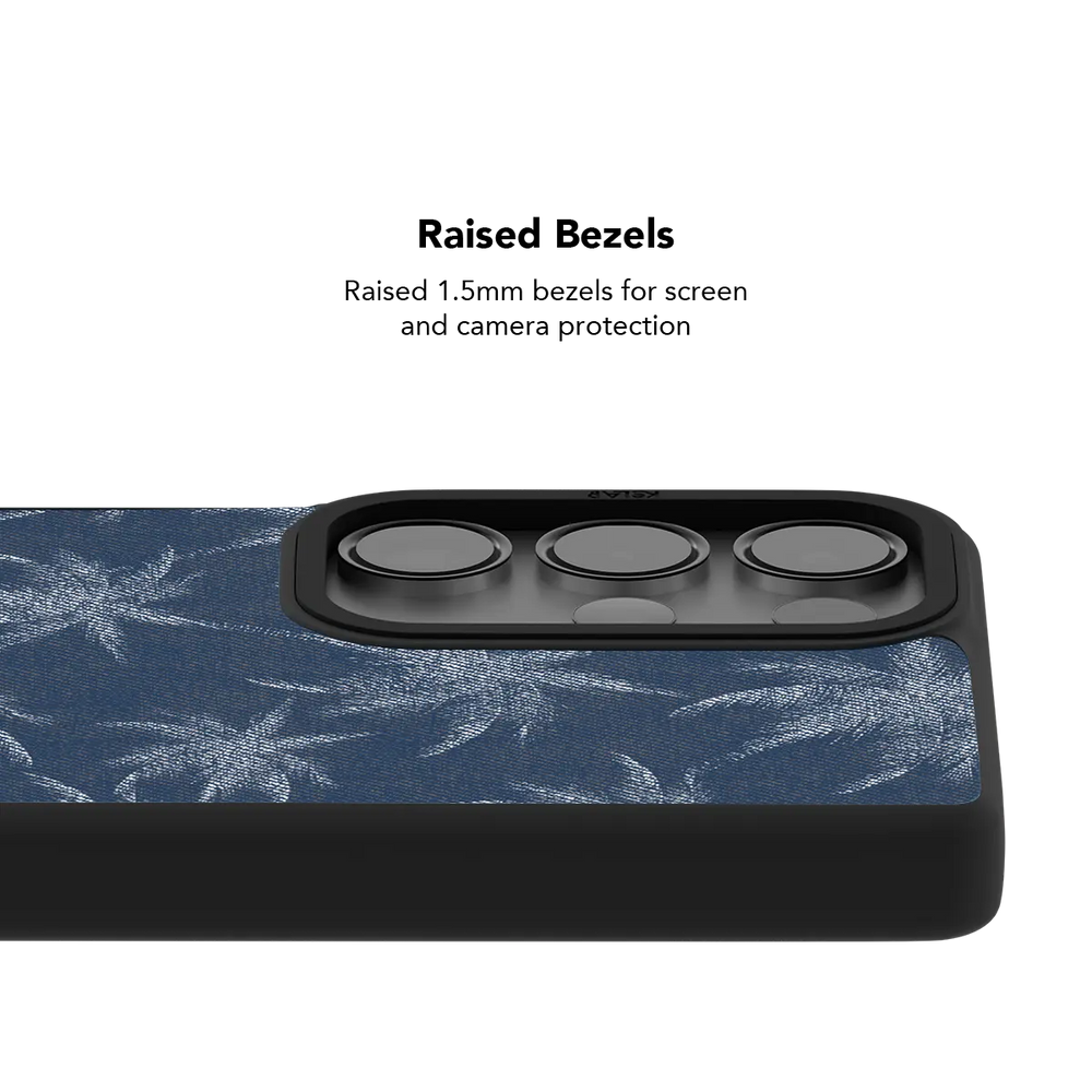 Raised bezel on the blue denim Galaxy case lifting the camera lenses clear of a flat surface