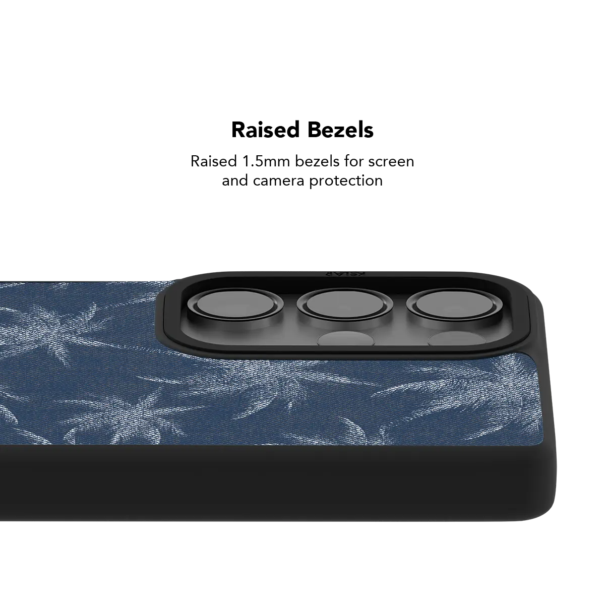 Raised bezel on the blue denim Galaxy case lifting the camera lenses clear of a flat surface