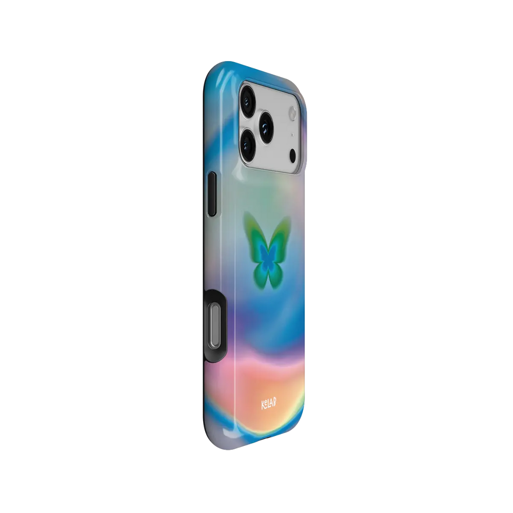 Celestial Wings gradient butterfly Tough iPhone case, side view showing the pattern wrapped around the shell.